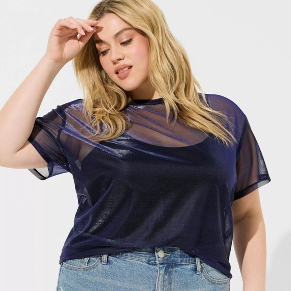 Torrid Oil Slick Mesh Crew Neck Relaxed Tee Blue Metallic Shimmer Sheer Shirt 3X - Picture 1 of 9